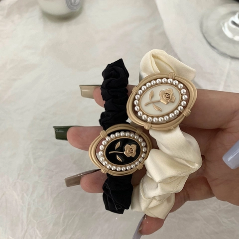 Grandi Elastici per Capelli in Satin Vintage Francese Con Bottone in Rilievo Rosa e Perla Artificiale Eleganti Lacci per Donne