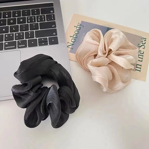Elegante Franse Satijnen Geplooide Scrunchie Voor Dames Grote Haarelastiek Strik Elastische Haarband Champagne Zwart Satijnen Haaraccessoires