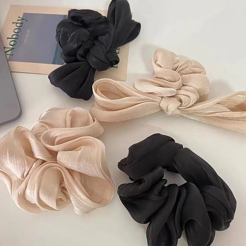 Elegante Franse Satijnen Geplooide Scrunchie Voor Dames Grote Haarelastiek Strik Elastische Haarband Champagne Zwart Satijnen Haaraccessoires