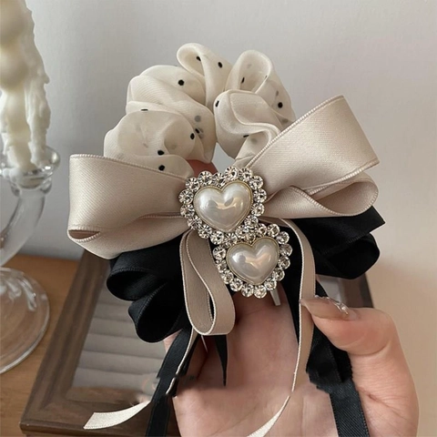 Scrunchie con Fiocco in Raso e Chiffon Vintage Francese Con Perla Artificiale a Cuore e Strass Lega Nastri a Pois Elastico per Capelli Donna