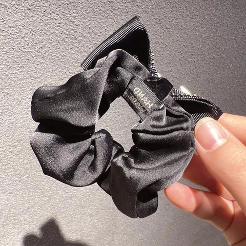 Elegant Black Satin Bow Knot Scrunchie For Women Handmade Rhinestone Embellished Hair Tie Sparkling Fashion Hair Accessories