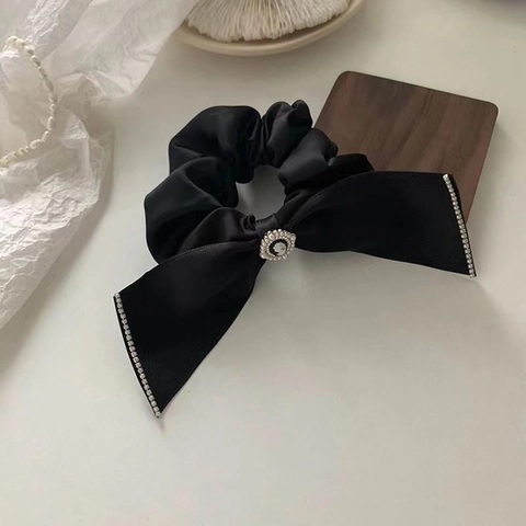 Elastico per Capelli in Velluto Nero Vintage Francese con Fiocco Perla Artificiale Cameo e Strass Elegante Accessorio Donna