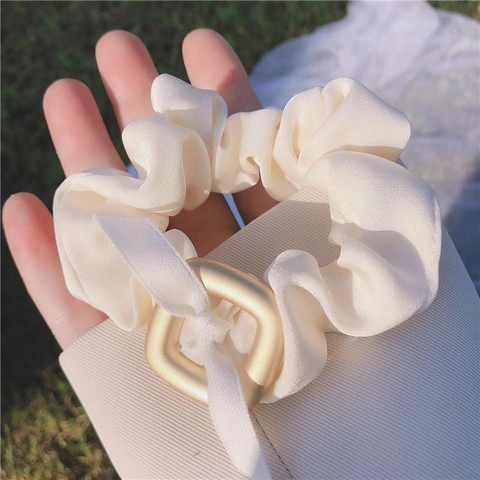 Elegant Satin Hair Scrunchie With Gold Square Buckle And Ribbon Bow Large Hair Tie For Women Handmade Minimalism Styling Accessory