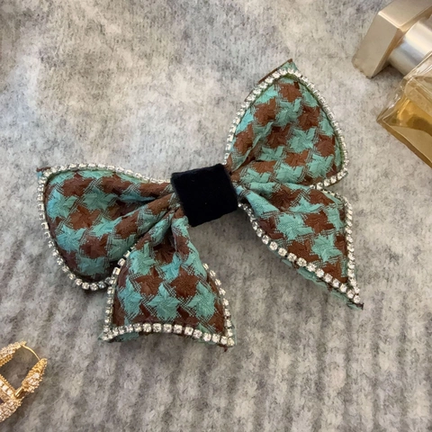 Vintage Houndstooth Φιόγκος Κλιπ Μαλλιών Με Στρας Κομψό Υφασμάτινο Κλιπ για Γυναίκες Κορεάτικο Στυλ Αξεσουάρ Μαλλιών
