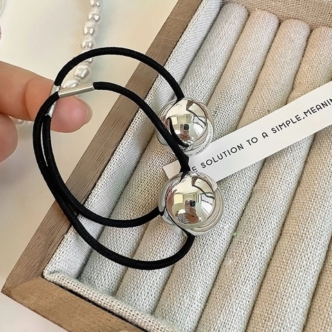 Minimalistisch Hoog Elastisch Zwart Haarelastiek Met Gepolijste Zilveren Metalen Bal Voor Dames Eenvoudige Ronde Kraal Scrunchie