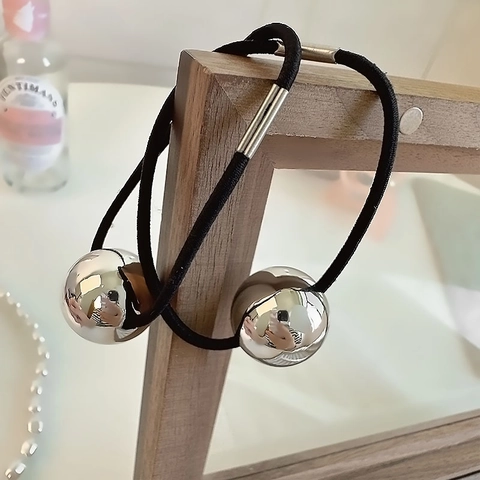 Minimalistisch Hoog Elastisch Zwart Haarelastiek Met Gepolijste Zilveren Metalen Bal Voor Dames Eenvoudige Ronde Kraal Scrunchie