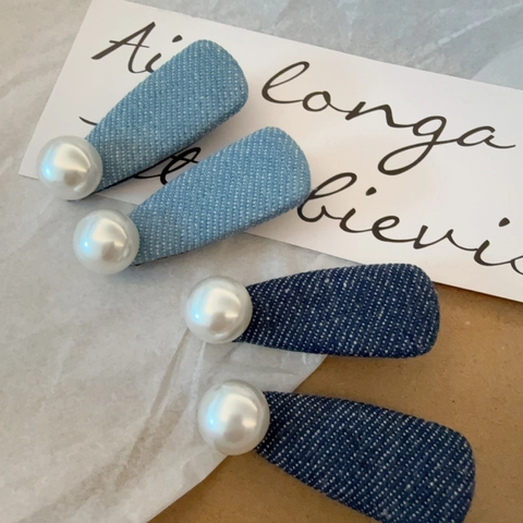 Fermagli per Capelli in Tessuto Denim da Donna con Künstliche Perle Sintetiche Eleganti Clip Laterali in Jeans Blu