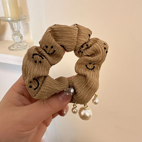 Scrunchies in Tessuto Con Faccia Sorridente E Ciondoli In Perle Artificiali Elastici Per Capelli Da Donna Accessori