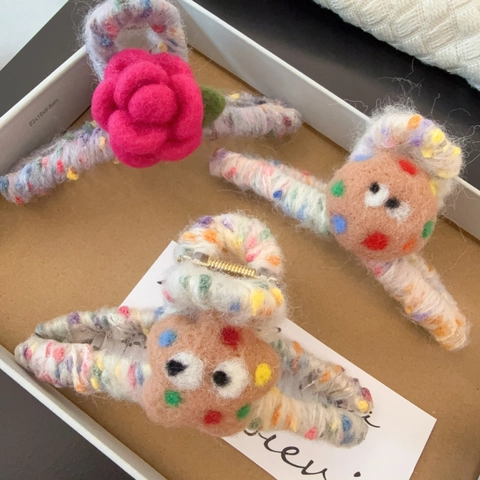 Pinza per Capelli in Peluche di Lana Fatta a Mano per Donna Vintage Carino Cartone Animato Limone Ciliegia Fiore Accessori per Capelli