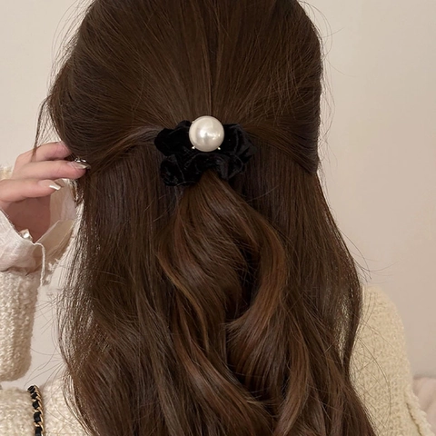 Elastico per Capelli in Velluto Nero Vintage Francese Con Grande Perla Artificiale Elegante Fermacapelli per Donna