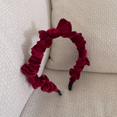 Vintage Wine Red Velvet Pleated Bowknot Headband For Women Wide Edge Scrunchie Hair Band Sweet Hair Accessories