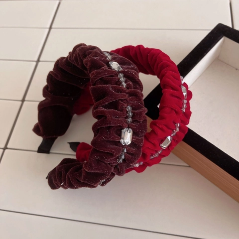 Diadema de Terciopelo Plisado Vintage para Mujer Lujo Hecho a Mano Diadema Con Diamantes de Imitación Color Sólido