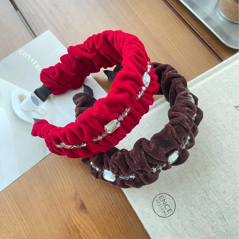 Diadema de Terciopelo Plisado Vintage para Mujer Lujo Hecho a Mano Diadema Con Diamantes de Imitación Color Sólido