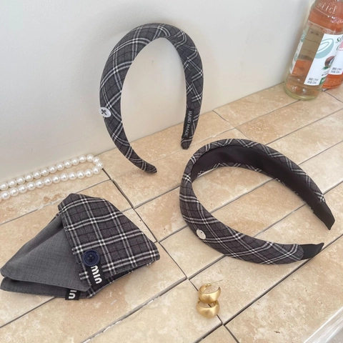 Cerchietto per Capelli in Tessuto Plaid Grigio Vintage per Donna Elegante Cerchio per Capelli con Decoro a Bottoni Accessori per Capelli Stile Coreano