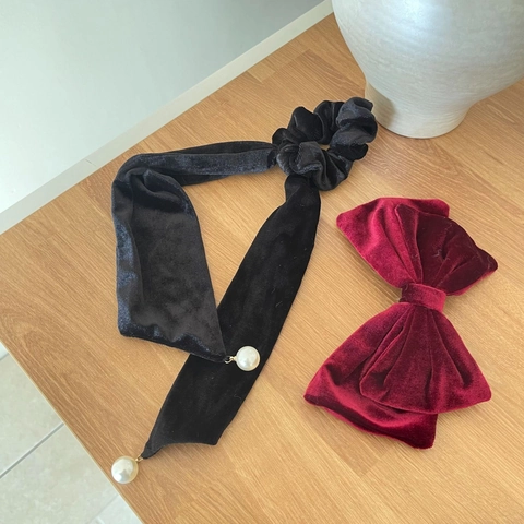 Elastico per Capelli in Velluto con Fiocco Retrò Francese Elegante Corda per Capelli con Perle Artificiali Fermaglio Rosso Vino Donna