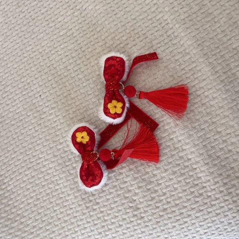 Chinese New Year Kids Bow Hair Clips With Artificial Pearl Plush Ball Red Tassel Fabric Flower Hairpins Girls Hanfu Accessories