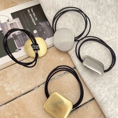 Minimalist Metal Brushed Geometric Hair Tie For Women High Elasticity Gold Silver Round Square Alloy Plate Decorative Hair Rope
