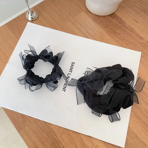 Women Elegant Black Satin Mesh Bow Scrunchie Korean Style High Elastic Hair Tie Fashion Headwear Accessories For Girls