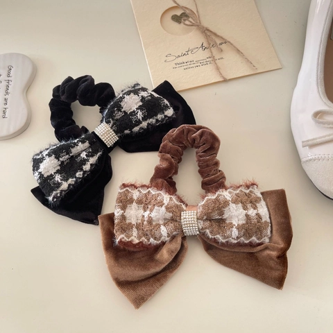 Elegante Elastico per Capelli Coreano con Fiocco Pied de Poule per Donna Chouchou in Velluto Tweed Plaid Porta Coda di Cavallo con Strass Accessori per Capelli
