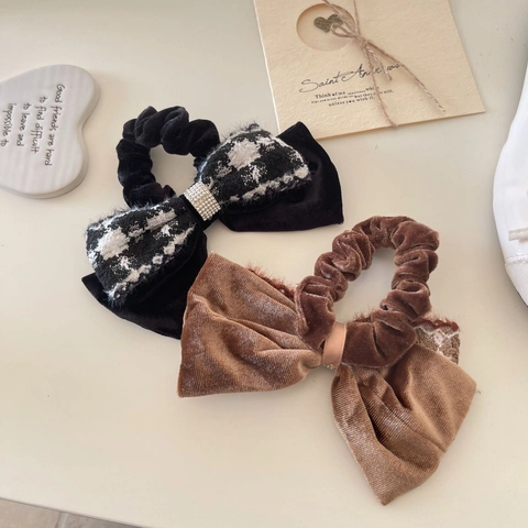 Elegante Elastico per Capelli Coreano con Fiocco Pied de Poule per Donna Chouchou in Velluto Tweed Plaid Porta Coda di Cavallo con Strass Accessori per Capelli