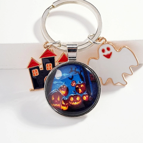 Halloween Pumpkin Ghost Castle Metal Keychain Drip Oil Alloy Glass Dome Pendant Key Ring Holiday Party Decoration Gift