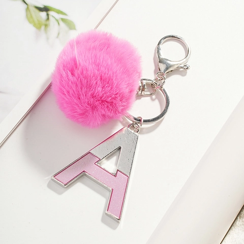 Portachiavi a Lettera A con Palla di Pelo Sintetico Rosa in Lega Glitter Metallo Alfabeto per Borsa Donna Decorazione Auto