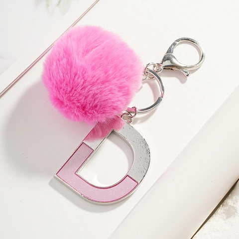 Mode Buchstabe D Schlüsselanhänger Mit Rosa Kunstfell Pompon Tasche Anhänger Süß Alphabet Glitzer Metall Schlüsselring Damen