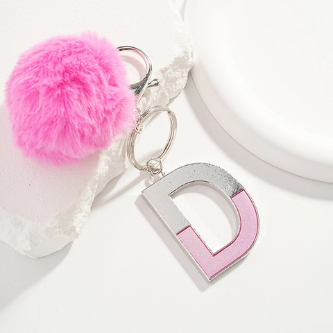 Mode Buchstabe D Schlüsselanhänger Mit Rosa Kunstfell Pompon Tasche Anhänger Süß Alphabet Glitzer Metall Schlüsselring Damen