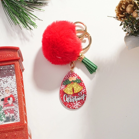 Christmas Pom Pom Keychain Alloy Key Ring Acrylic Pendant Tassel Bag Charm For Women Kids Holiday Gift Accessories