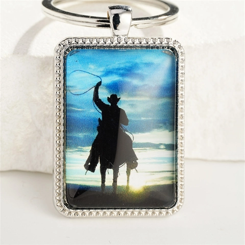 Western Cowboy Horse Riding Metal Keychain Retro Sunset Scenery Pendant Necklace Silver Bag Hanging Jewelry Charm Gift