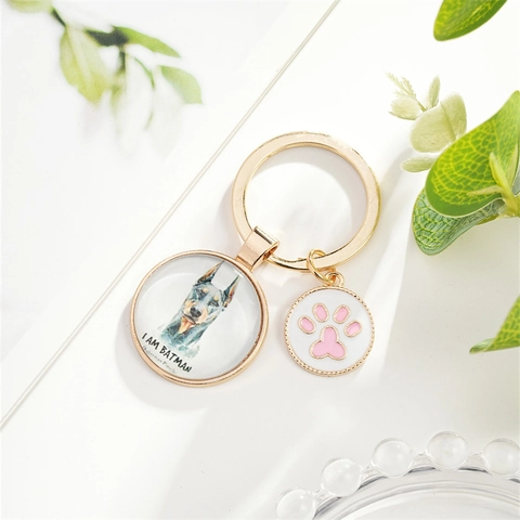 Schattige Hond Pootafdruk Metalen Sleutelhanger Ronde Glas Cabochon Puppy Hanger Dobermann Husky Franse Bulldog Tas Bedeltje Cadeau