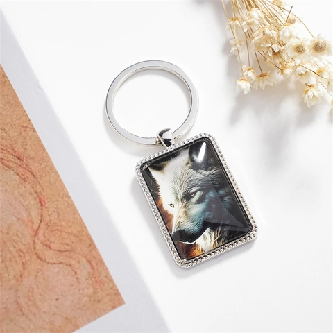 Cool Metal Wolf Head Pendant Keychain Necklace Vintage Punk Animal Graphic Rectangular Jewelry Gift For Men Women