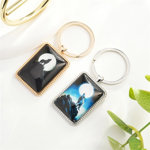 Vintage Wolf Howling Moon Pendant Keychain Necklace Set Alloy Glass Art Jewelry For Unisex Daily Accessory Gift