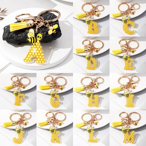Portachiavi Creativo con Lettere Alfabeto Ape e Nido d'Ape in Acrilico Nappa Gialla Anello per Chiavi Donna Accessori Borsa