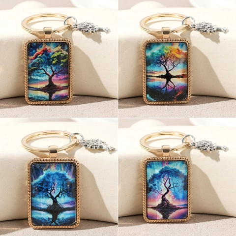 Tree of Life Time Glass Metal Keychain Creative Artistic Couple Keyring Vintage Backpack Bag Hanging Ornament Gift