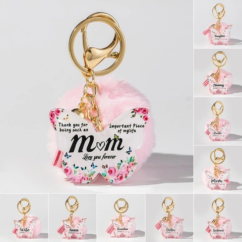 Llavero Pompon Mariposa de Acrílico Borla de Aleación Piel Artificial Estampado Floral Regalo Para Mamá Hija Hermana Esposa