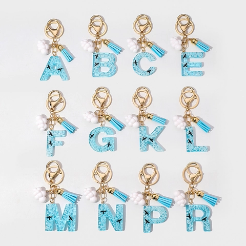 Resin Initial Letter Keychain Sky Theme Blue Sky White Clouds Bird Pattern With Tassel Cloud Pendant Gold Alloy Bag Charm