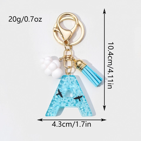 Resin Initial Letter Keychain Sky Theme Blue Sky White Clouds Bird Pattern With Tassel Cloud Pendant Gold Alloy Bag Charm