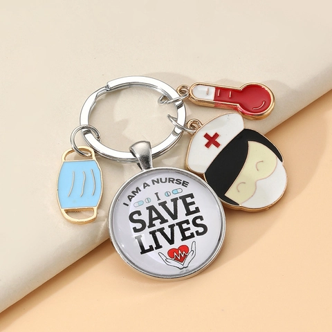 Medical Theme Nurse Keychain Alloy Medical Icons Pendants Save Lives Slogan Heart Glass Dome Doctors Gift Keyring Jewelry