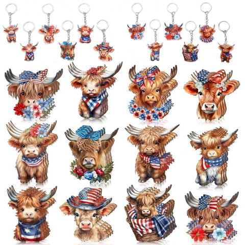 Hochlandrind Acryl Schlüsselanhänger Set Amerikanischer Unabhängigkeitstag Stars Stripes Flaggen Muster Tier Schlüsselring Anhänger Für Party Deko Damen Herren Geschenk