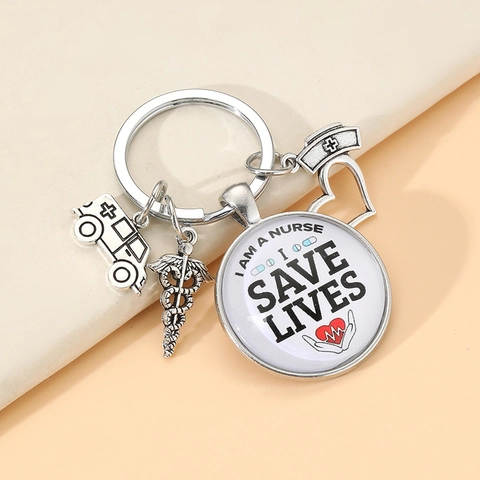 Medical Theme Nurse Keychain Alloy Medical Icons Pendants Save Lives Slogan Heart Glass Dome Doctors Gift Keyring Jewelry