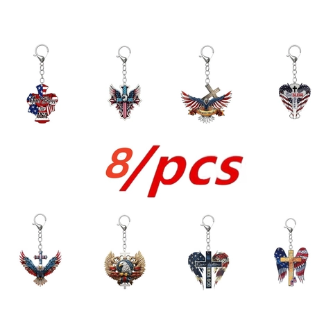 2D Plat Acryl Kruis Adelaar Sleutelhanger Amerikaanse Vlag Patroon God Bless USA Auto Hanger Religieuze Patriottische Sleutelring