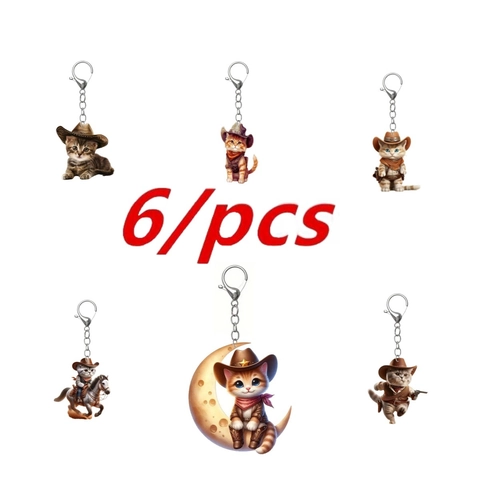 Portachiavi in Acrilico Gatto Cowboy Occidentale Ciondolo Gatto Cartoon Piatto 2D per Borse Donna Ornamento Specchietto Auto