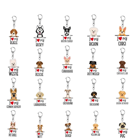 Portachiavi in Acrilico con Razze di Cani Cartoon I Love My Pet Beagle Husky Corgi Golden Retriever Ciondolo per Borsa con Stampa a Cuore
