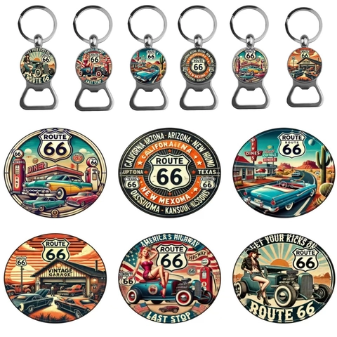 Vintage Route 66 Flaschenöffner Schlüsselanhänger American Highway Zinklegierung Glaskuppel Schlüsselring Souvenir Geschenk