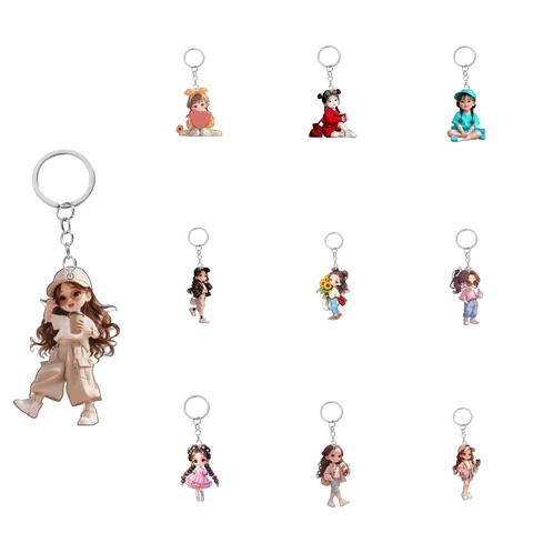 Mignon Porte-clés Fille en Acrylique Plat 2D Dessin Animé Ornement de Sac à Dos Style Chibi Accessoire de Clés Fille