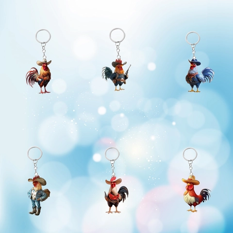 Portachiavi Gallo Cowboy in Acrilico 2D Piatto Pendente Pollo Cartoon Ornamento per Borse e Chiavi Auto Decorazione