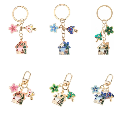 Süßer Emaille Pilzhaus Blumen Schlüsselanhänger Legierung Wald Pastoraler Stil Tasche Anhänger Schlüsselring Geschenk Für Damen Kinder