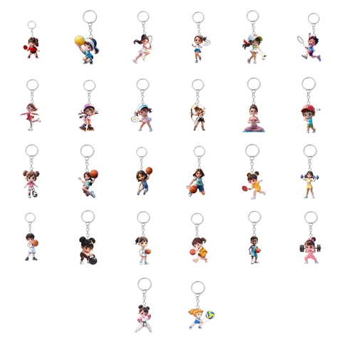 Acryl Sport Thema Cartoon Charakter Schlüsselanhänger Basketball Fußball Volleyball Yoga Athlet Figuren Rucksack Anhänger Geschenk
