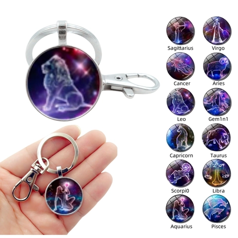 12 Zodiac Constellation Time Gem Keychain Zinc Alloy Glass Starry Nebula Key Ring For Birthday Gift Galaxy Bag Hanging Ornament